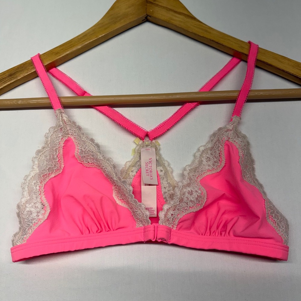Victoria's Secret Neon Pink Lace Bralette XS Triangle Strappy Sexy